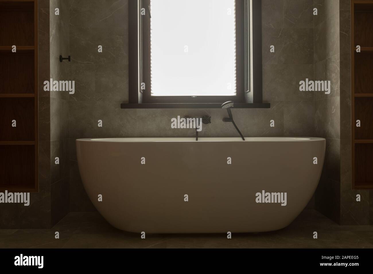 Moderne Acryl-Badewanne mit Handdusche Stockfoto
