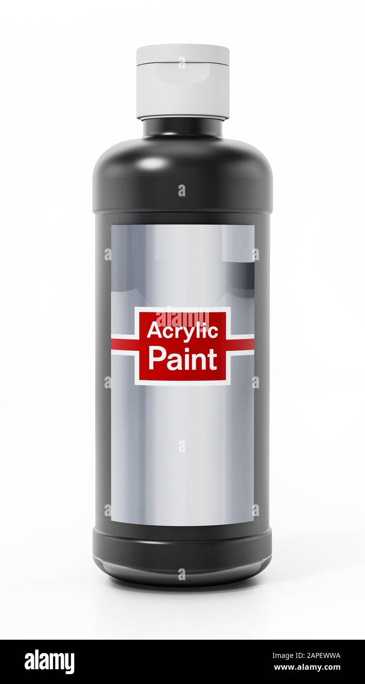 Schwarze Acryl-Farbflasche isoliert auf weißem Hintergrund. 3D-Abbildung. Stockfoto