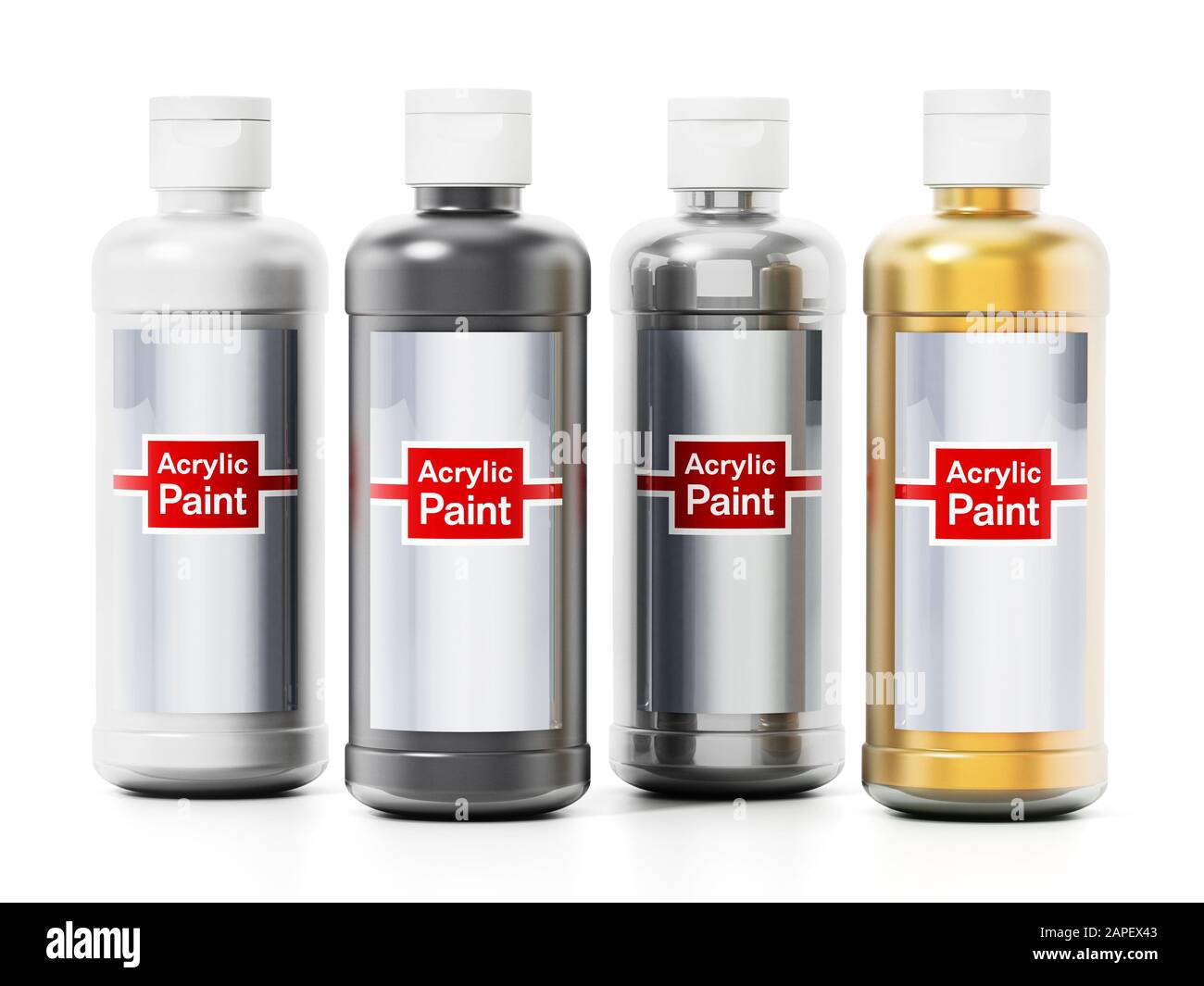Acryl-Farbflaschen mit Farbauswahl isoliert auf weißem Hintergrund. 3D-Abbildung. Stockfoto