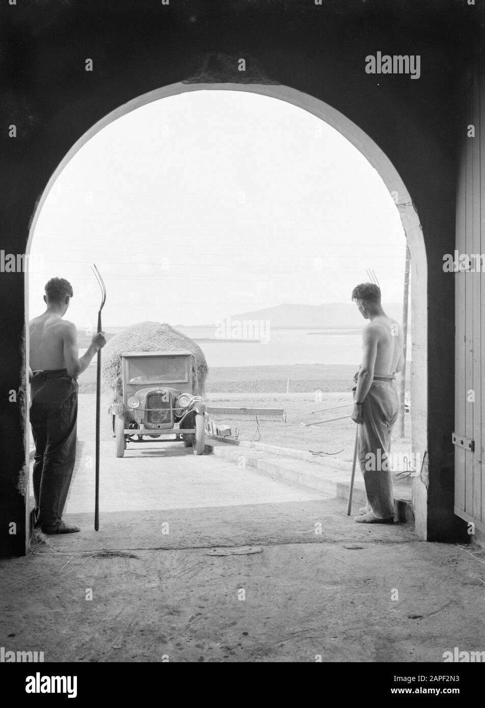 Island Beschreibung: Bauernhof in Korpúlfsstaðir. Ein LKW mit Heu betritt die Heuscheune über einen Hang. Zwei Männer mit einer Pitchgabel warten am Eintrittsdatum: 1934 Ort: Island, Korpúlfsstaðir Schlüsselwörter: Arbeiter, Heu, Heu, Tore, Lastwagen Stockfoto