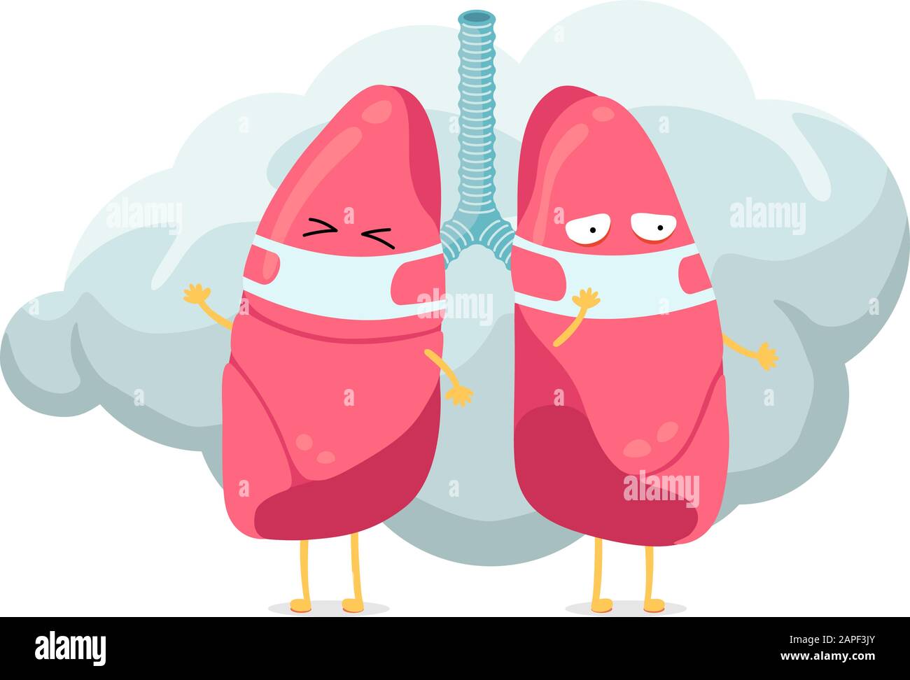 Cartoon Lunge Charakter mit Atemhygiene Maske auf Gesicht und Rauch oder Staubwolke. Menschliches Atmungssystem Lunge innere Organ Maskottchen. Medizinische Anatomie Luftschadstoffschutz Vektor Illusrtation Stock Vektor