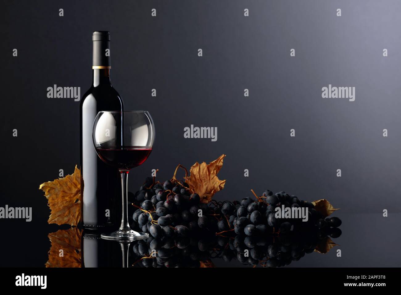 Rotwein und Trauben auf schwarzem, reflektierendem Hintergrund. Freier Speicherplatz für Ihre Inhalte. Stockfoto