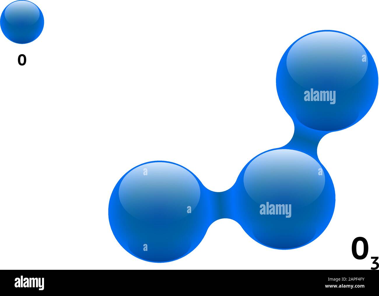 Chemie-Modell Molekül Ozon O3 Gas wissenschaftlichen Element Formel. Integrierte Partikel natürliche anorganische 3d-Molekülstruktur bestehend. Drei sauerstoffblaue Volumen-Atom-Vektorkugeln Stock Vektor