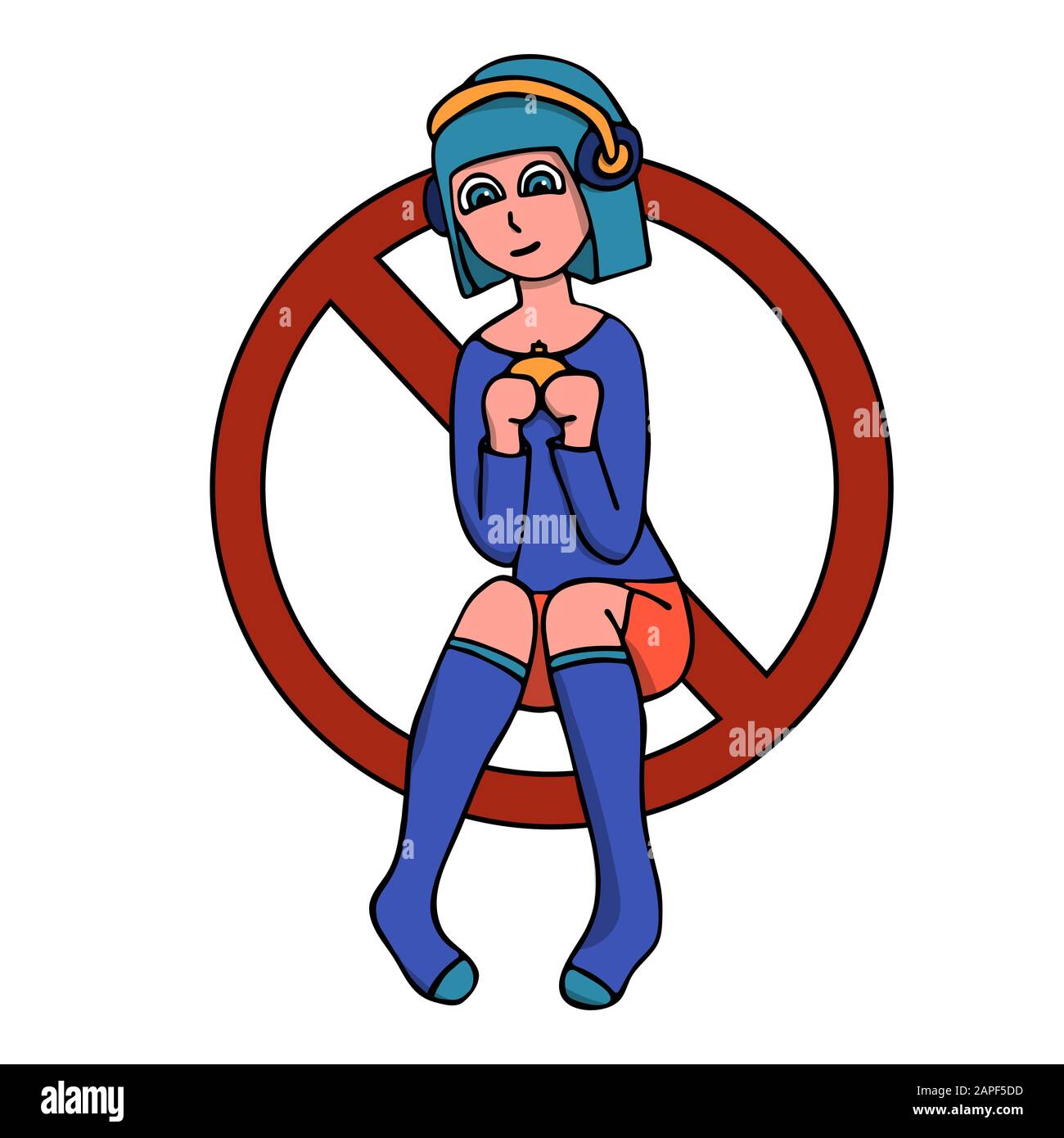 Verbotsschild für Videospiele mit einem Gamer mit blauem Haar und einem Gamepad. Weißer Hintergrund isolierte Stock-Vektor-Illustration Stock Vektor