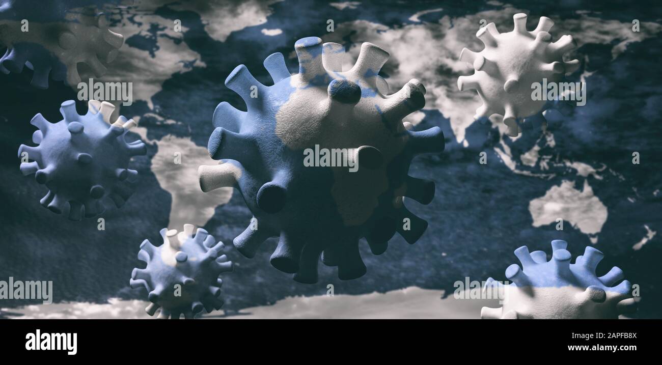 Coronavirus Epidemie pandemic Grippe-Virus-Infektion, Verbreitung weltweit, Erdglobus-Hintergrund. 3D-Abbildung Stockfoto Coronavirus Epidemie pandemic Grippe-Virus-Infektion, Verbreitung weltweit, Erdglobus-Hintergrund. 3D-Abbildung Stockfoto