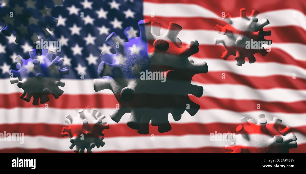 Coronavirus verbreitet sich in die USA, epidemische Grippe-Virusinfektion, Hintergrund der US-Flagge. 3D-Abbildung Stockfoto Coronavirus verbreitet sich in die USA, epidemische Grippe-Virusinfektion, Hintergrund der US-Flagge. 3D-Abbildung Stockfoto