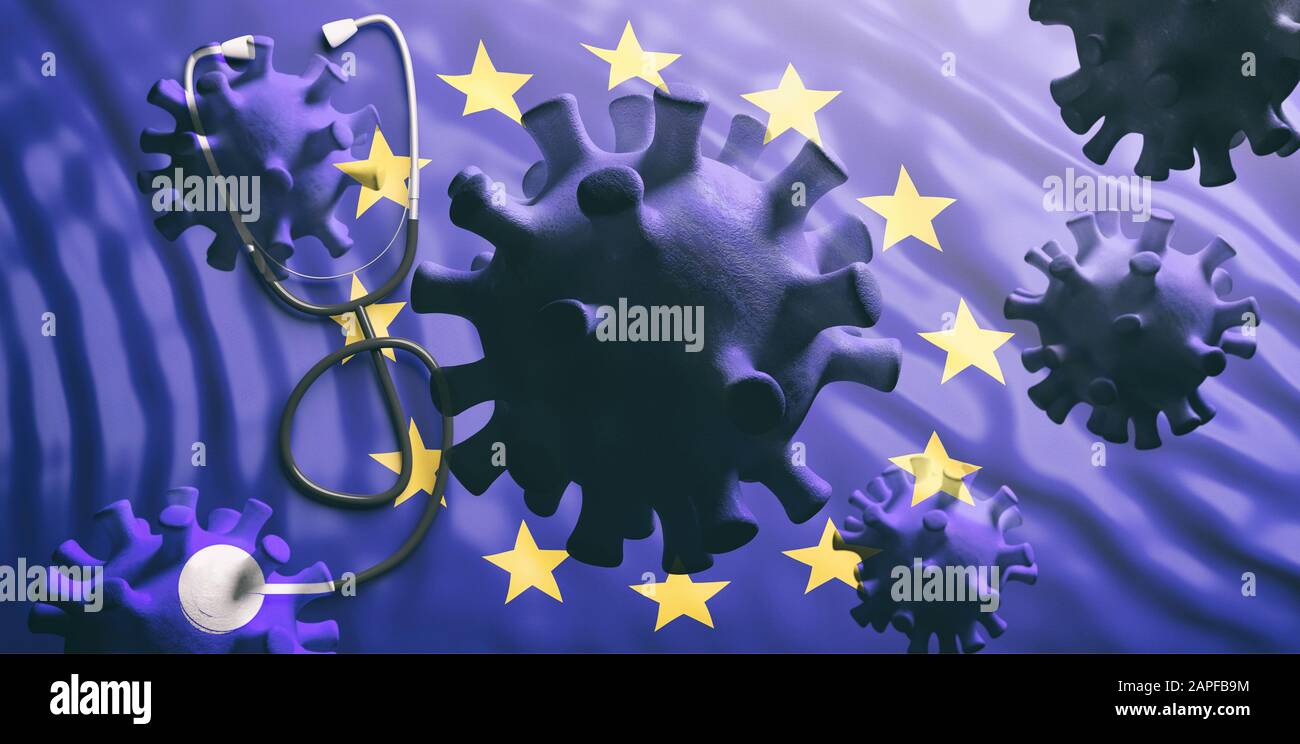 Coronavirus breitet sich nach Europa aus, epidemische Grippe-Virusinfektion, EU-Fahnenhintergrund. 3D-Abbildung Stockfoto Coronavirus breitet sich nach Europa aus, epidemische Grippe-Virusinfektion, EU-Fahnenhintergrund. 3D-Abbildung Stockfoto