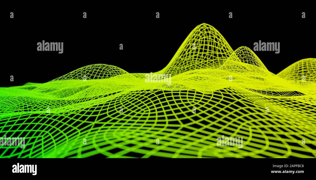 Datentechnik abstrakt futuristisch grün und gelb tief poly Form leuchtende Drahtgitteroberfläche auf dunklem Hintergrund. 3D-Rendering 3d-Darstellung rendern Stockfoto