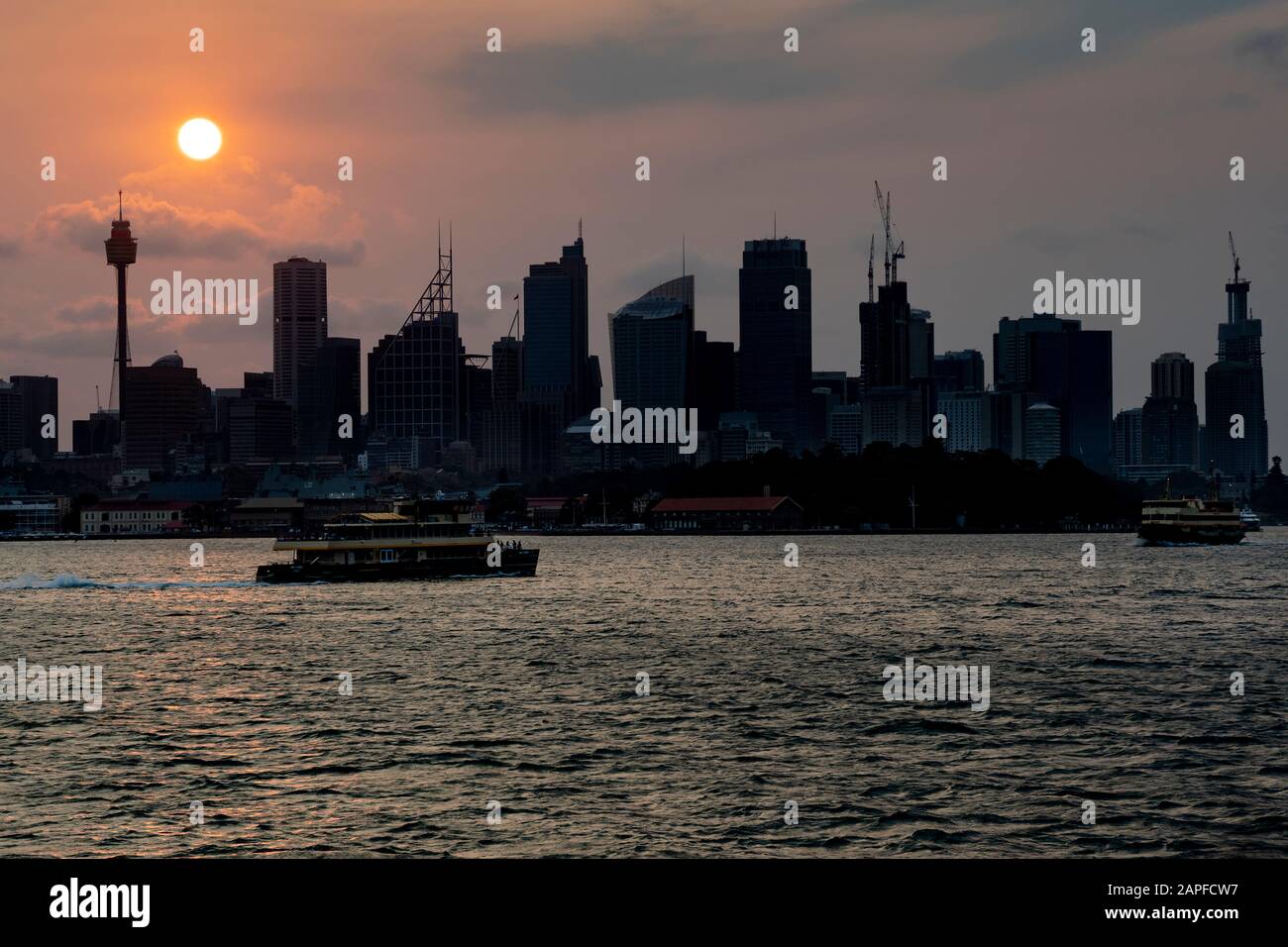 Fähren, die bei Sonnenuntergang über dem Hafen von Sydney unterwegs sind Stockfoto