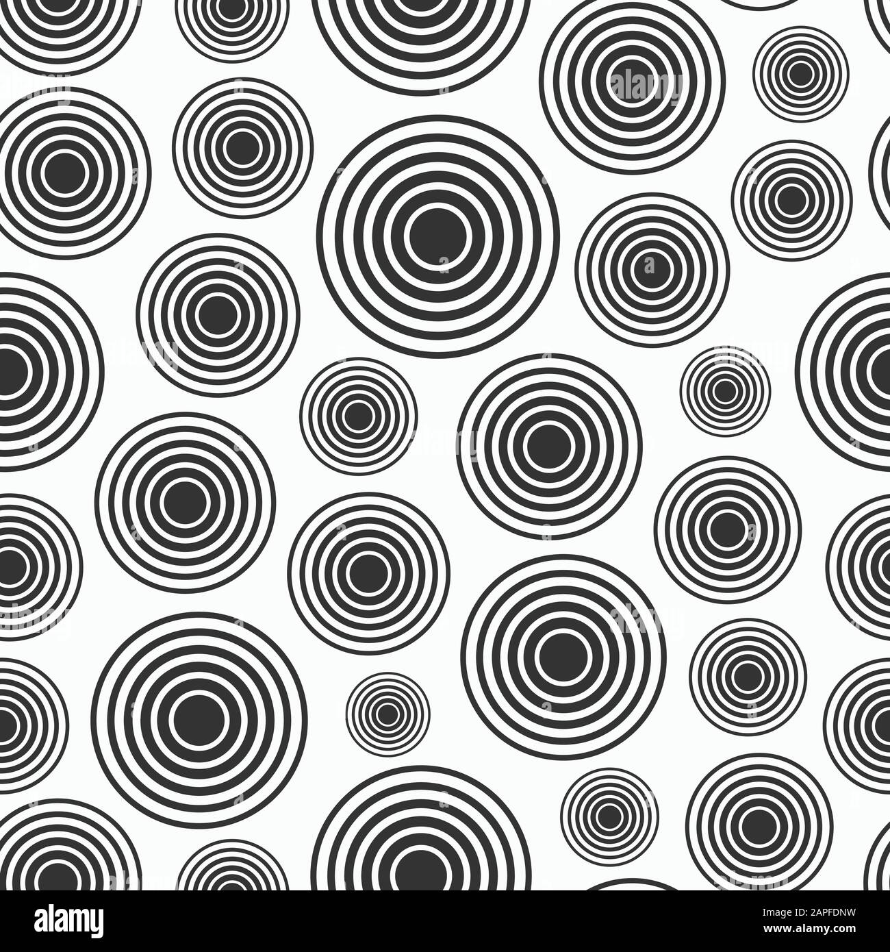 Abstraktes, nahtloses Muster von Kreisen mit unterschiedlicher Größe. Minimalistischer Grafikdruck. Vektor monochromer Hintergrund. Stock Vektor