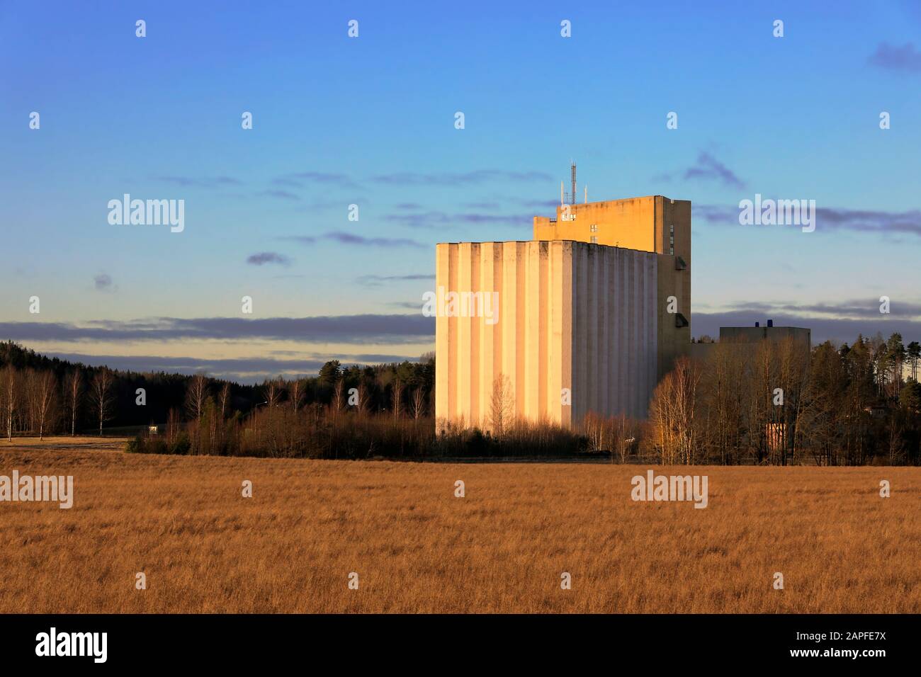 Pernio Granary, Kornelevator von Suomen Viljava Oy, auf Feldern in goldenem Licht des Sonnenuntergangs zu sehen. Dieses Wahrzeichen in Salo befindet sich im Besitz des Staates Finnland. Stockfoto