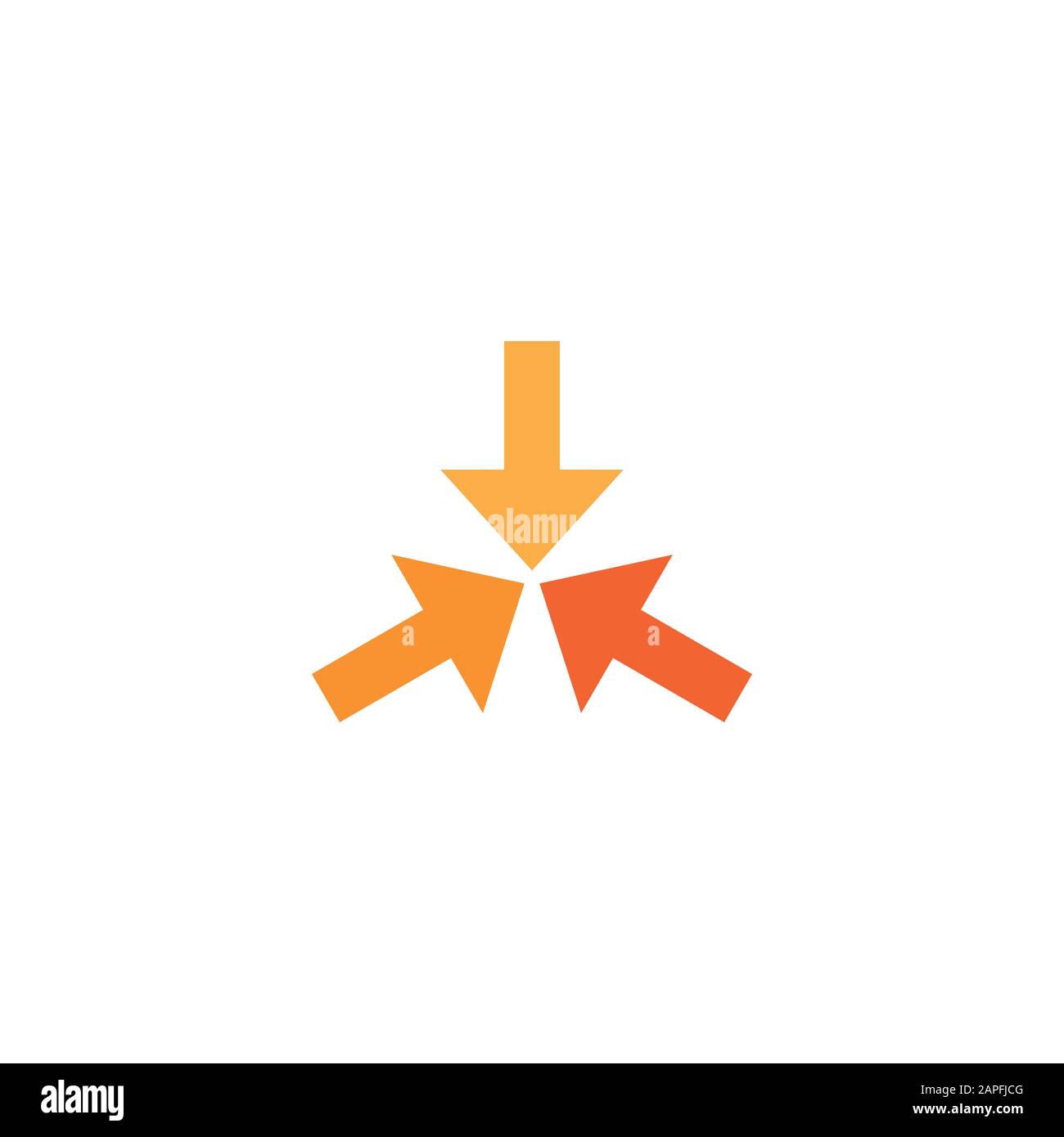 Drei orangefarbene, quadratische Pfeile zeigen auf die Mitte. Symbol Für dreifache Kollidieren Von Pfeilen. Symbol "Wegbeschreibung zusammenführen". Vektorgrafiken. Isoliert auf weißem Rücken und w Stock Vektor