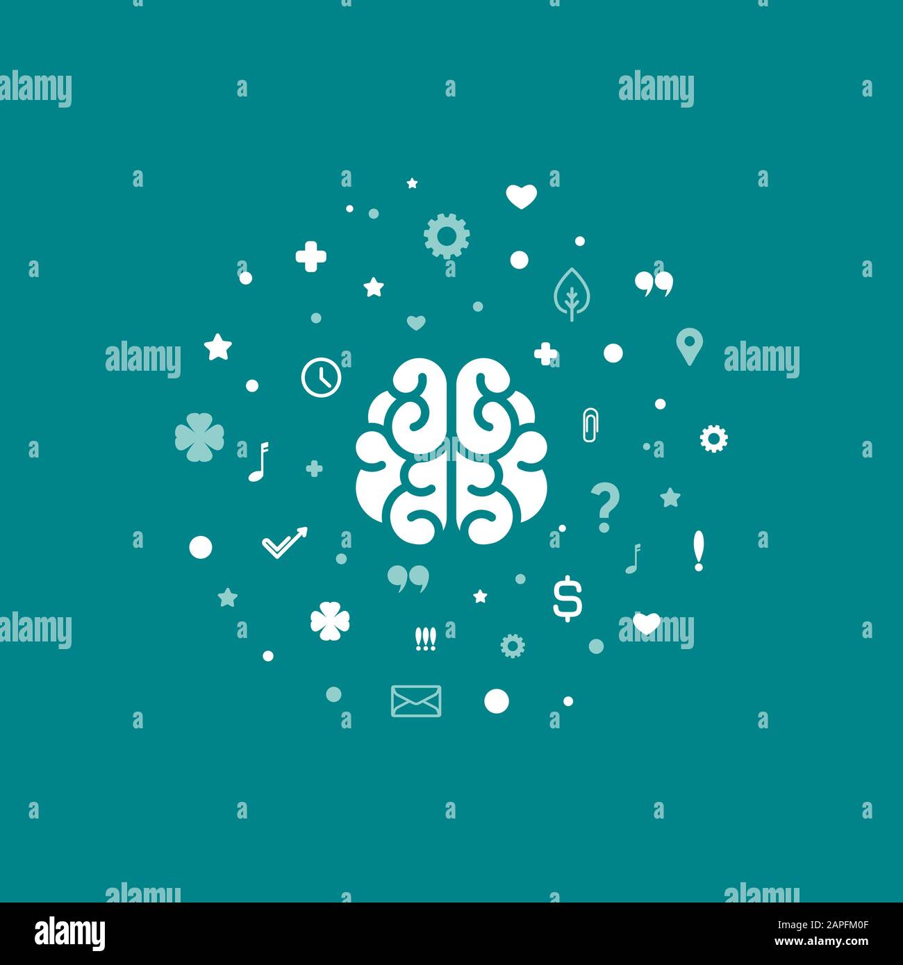 Gehirn mit Fragezeichen, Herzen, Sternen, Blasen und Zeichen auf blauem Hintergrund. Intellect, Thinking Process, Knowledge Icon. Flat Vector Illustration. Stock Vektor