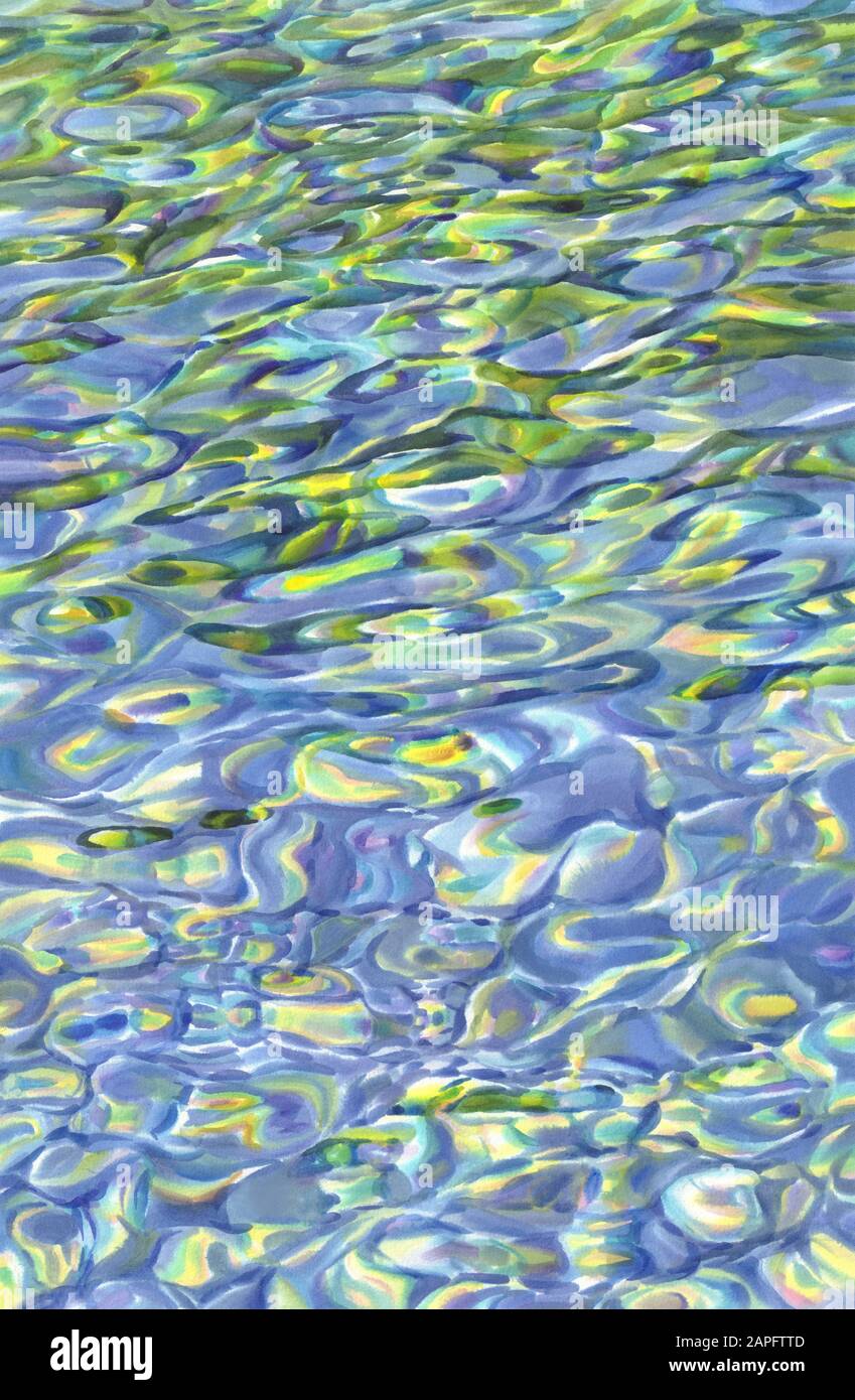 Sonnige Wasser mit transparenten Wellen Aquarell Hintergrund Stockfoto