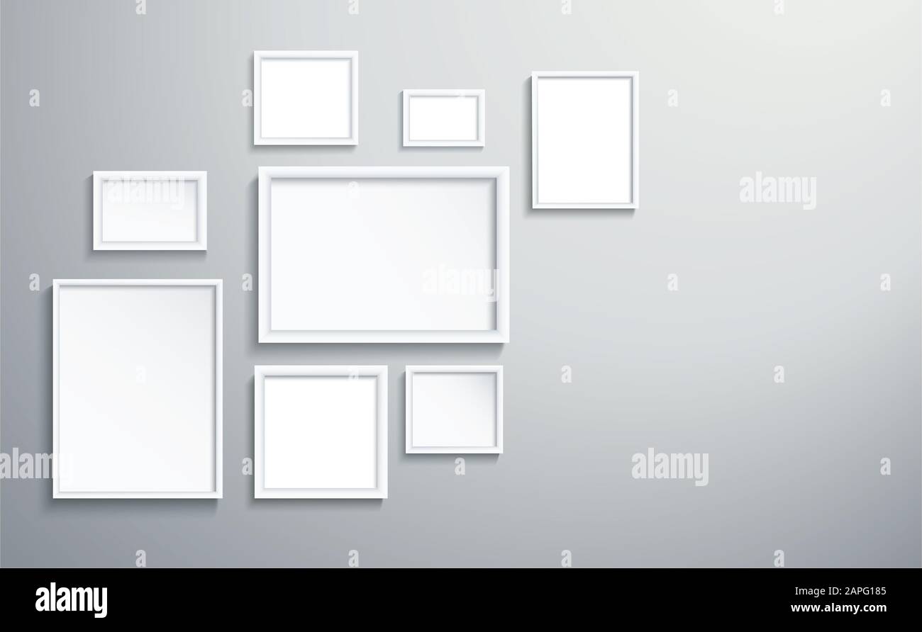 Quadratischer isolierter weißer Bilderrahmen an der Wand Stockfoto