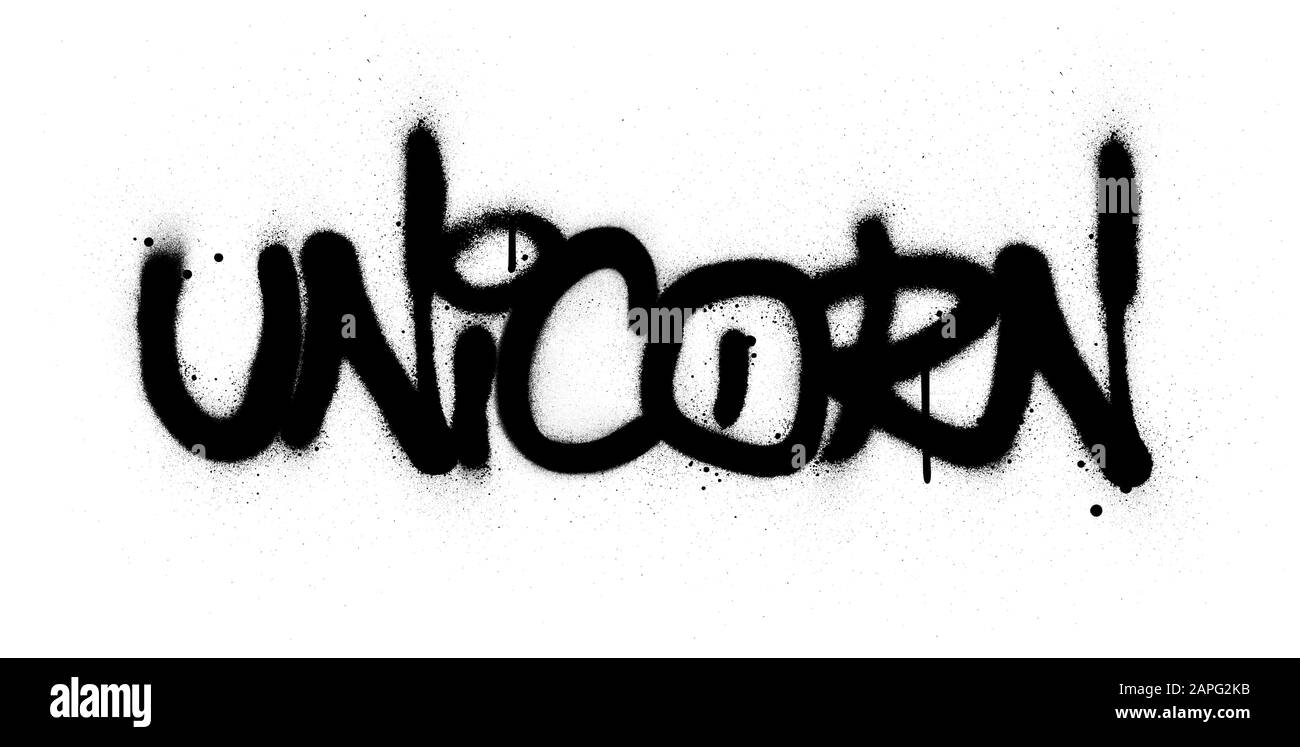 Graffiti-Einhorn-Wort schwarz über weiß gespritzt Stock Vektor