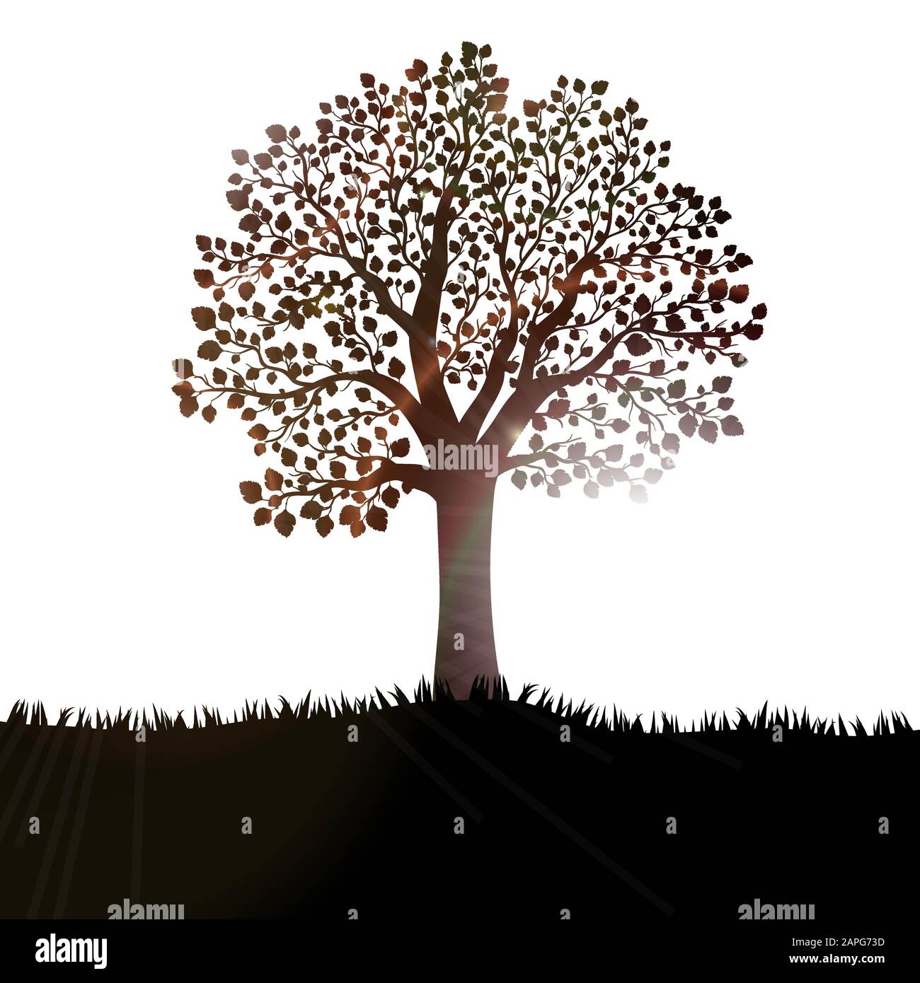 Silhouette eines Baumes mit Blättern auf Hügellevektor Stock Vektor