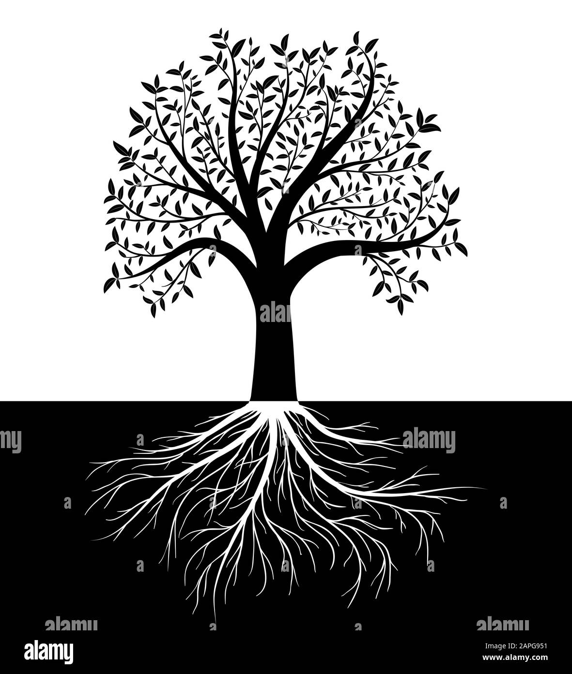 Baumsilhouette mit Blättern und Wurzeln, Vektorhintergrund Stock Vektor