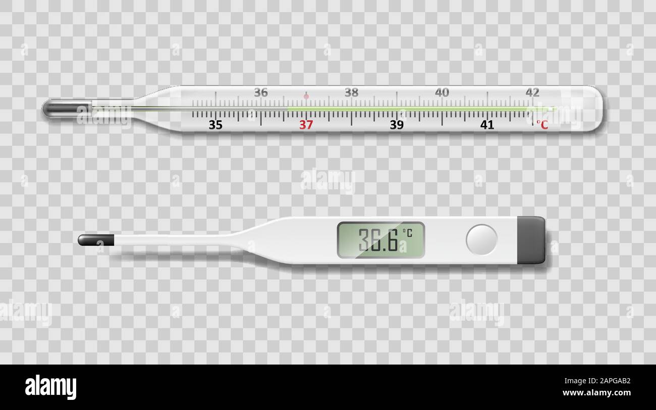 Medizinisches elektrisches und Quecksilberthermometer auf transparentem Hintergrund. Realistisches Temperaturdiagnose-Messgerät. Vektordarstellung Stock Vektor