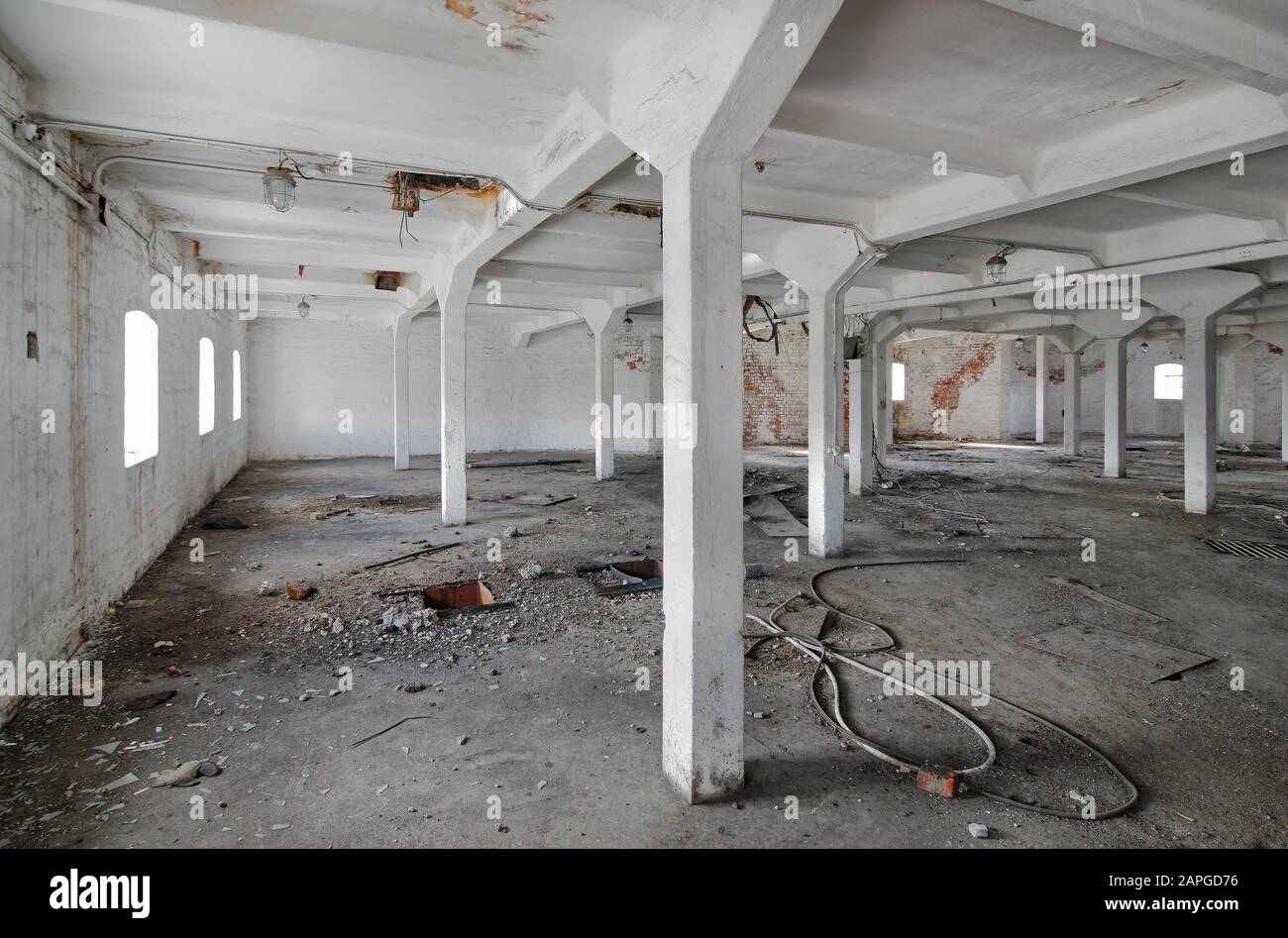Leerer Industrieraum einer alten verlassenen Fabrik mit weißen Säulen Stockfoto