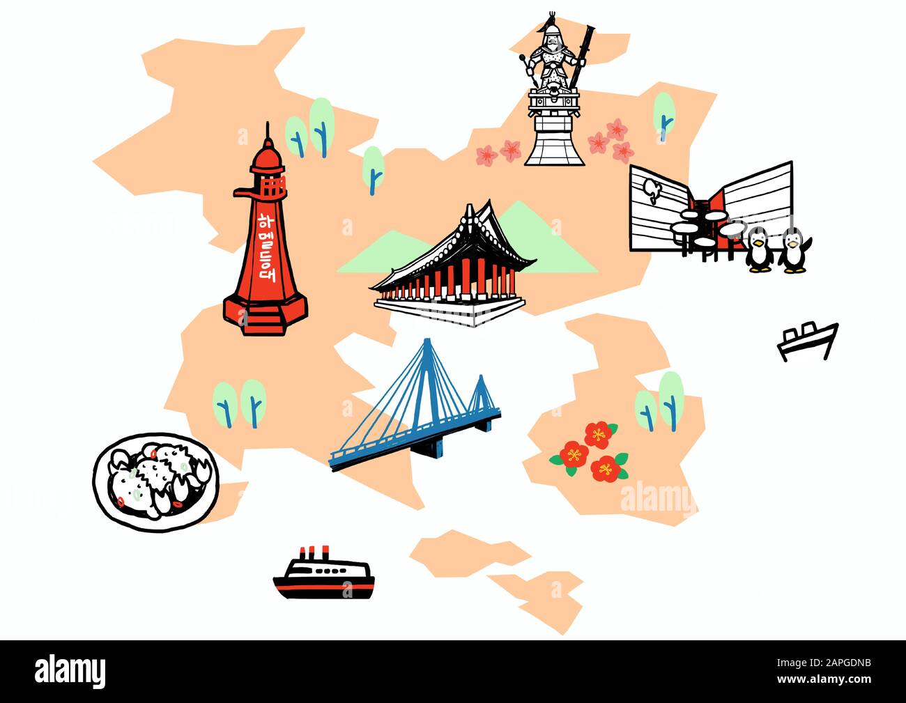 Korea Travel Map Attraktion Tourism Symbol Illustration 004 Stock Vektor