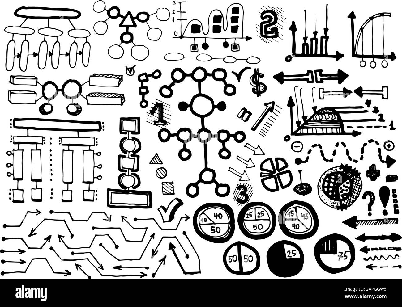 Große Vektorgrafik mit doodle-Style-Diagrammen, die auf weißem Hintergrund isoliert sind.Von Hand.Graphen, Runddiagramme, Diagramme, Pfeile werden mit Linien in einem c gezeichnet Stock Vektor