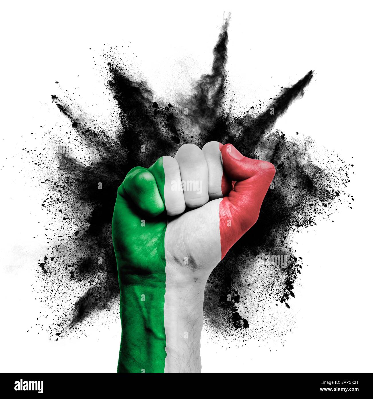 Italien hat mit Pulverexplosion, Macht, Protestkonzept die Faust erhoben Stockfoto