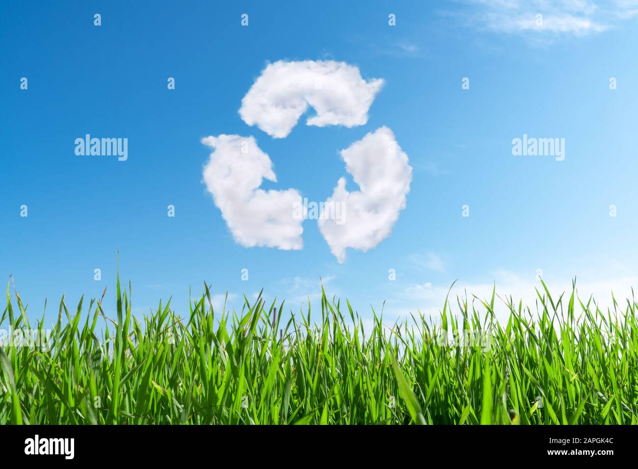 Wolken am blauen Himmel in Form des Symbols für Recycling auf grünem Hintergrund. Schutz Natur und Zukunftskonzept Stockfoto