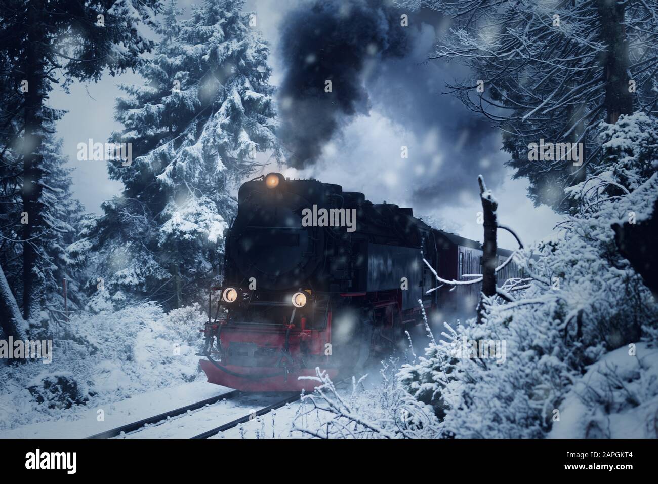 Dampflokomotive in einer kalten Winterlandschaft im Nationalpark Harz Stockfoto