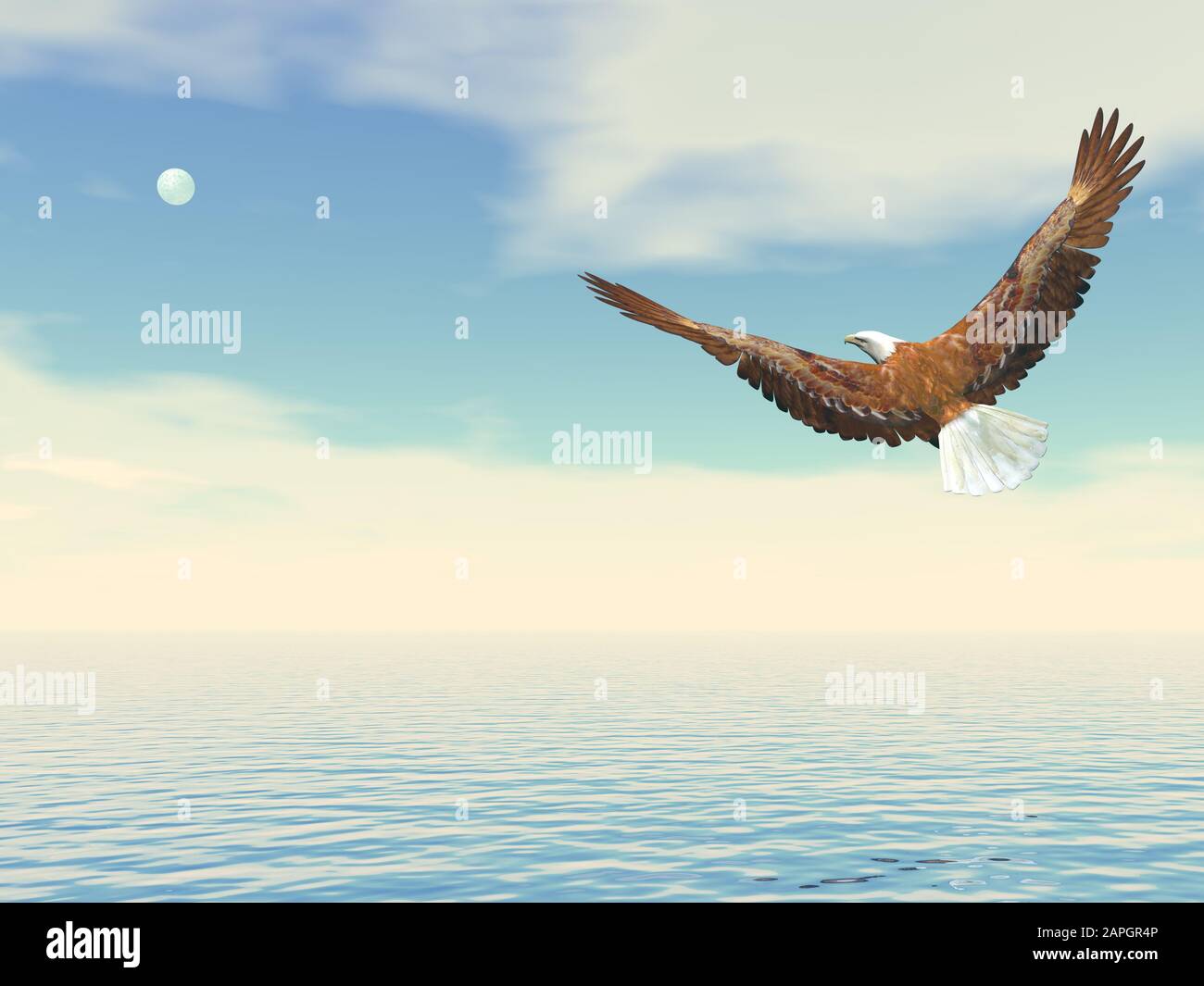 Weißkopfseeadler, der auf dem Ozean zum Mond fliegt - 3D-Rendering Stockfoto