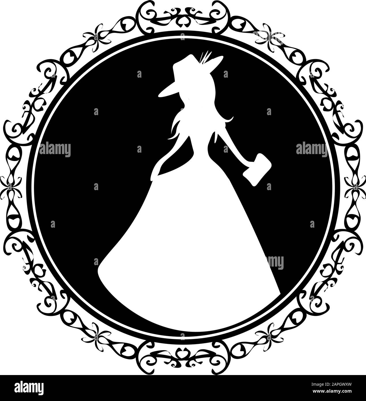 Elegante Frau im viktorianischen Kleid und Hut im schwarzen Kreis Stock Vektor