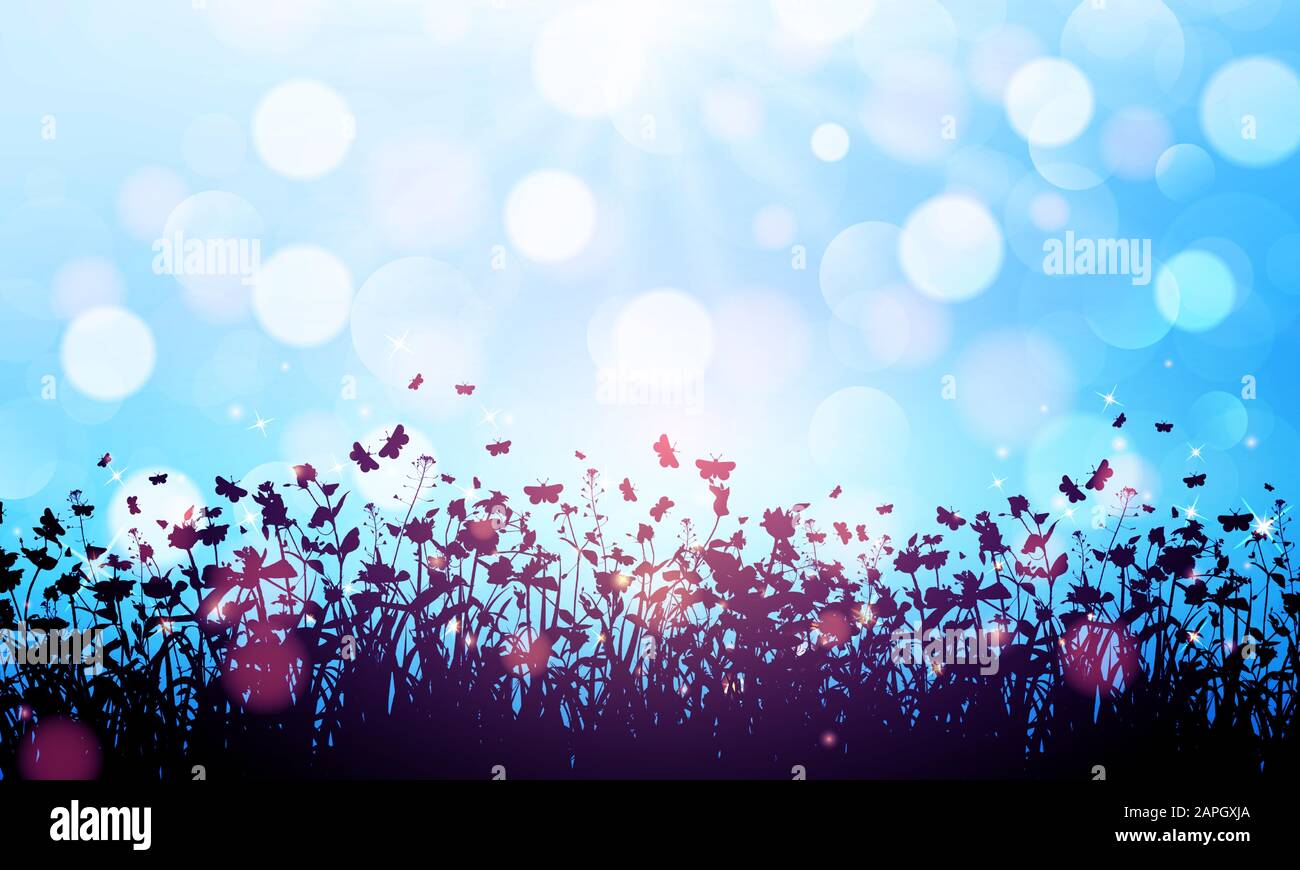 Naturhintergrund mit Wildblumen und Schmetterlingen auf blauem Grund mit Bokeh. Vektorgrafiken Stock Vektor