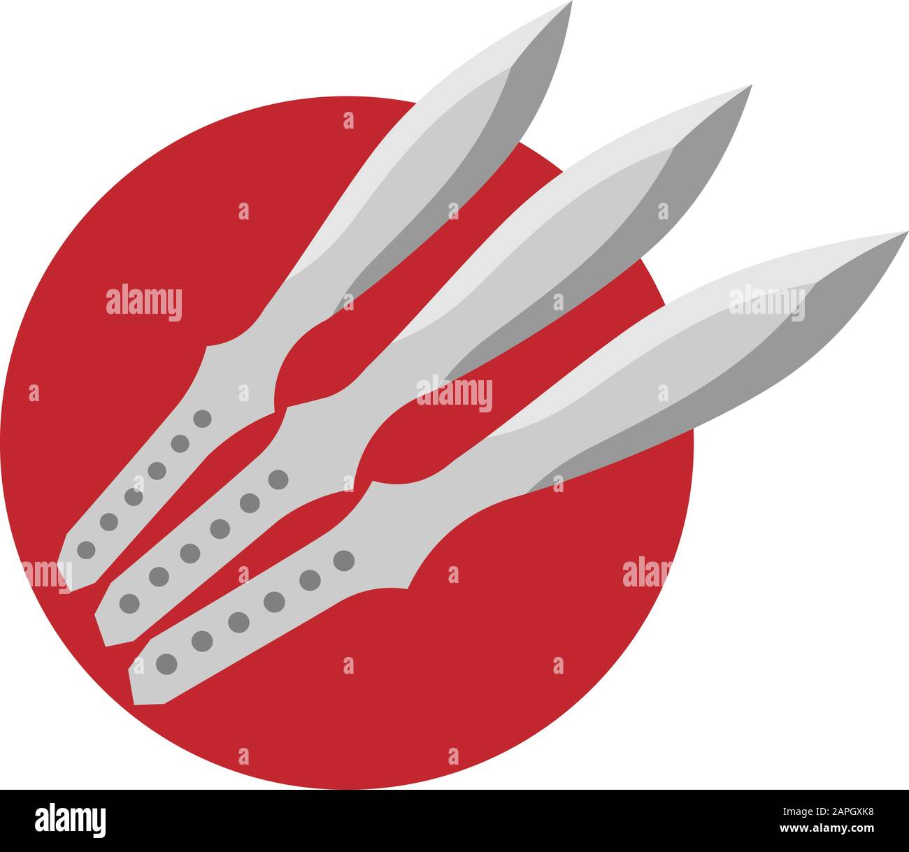 Scharfe Wurfmesser aus Stahl, japanische Kunai, Waffen mit Rand, japanische Flagge Stock Vektor