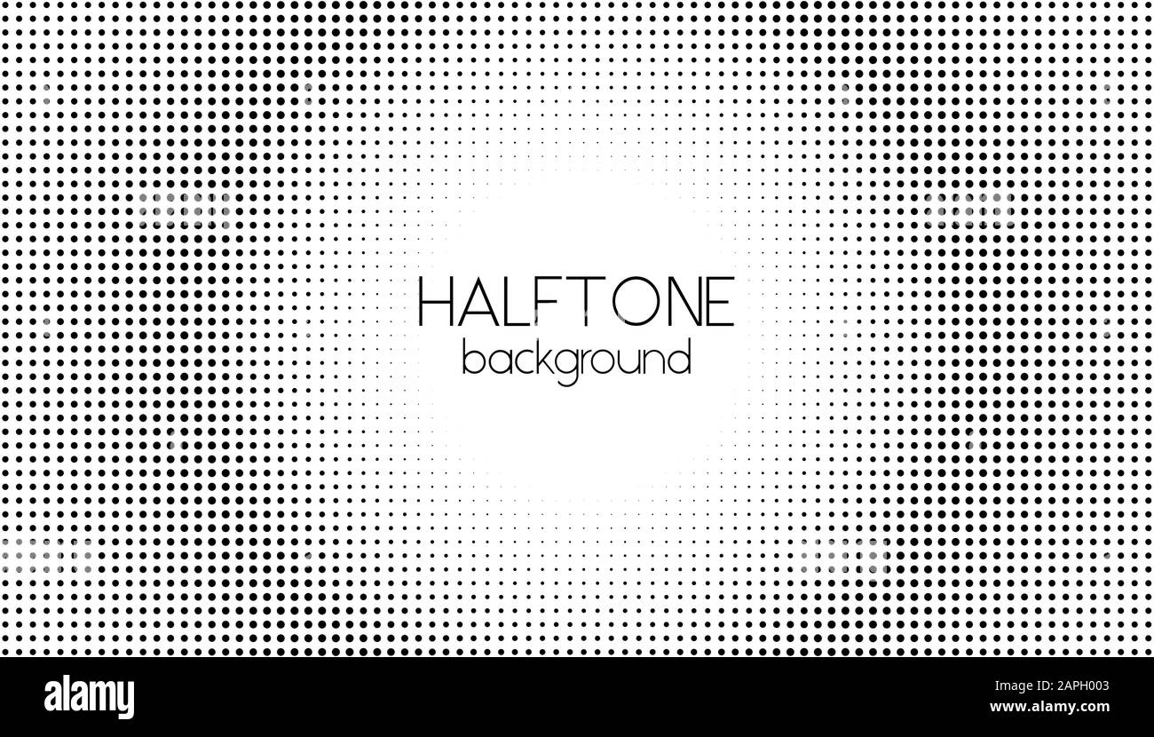 Halbton gepunktete Hintergrundfarbe. Vektor Schwarz und Weiß dottet rundes Muster. Monochromer Hintergrund Stock Vektor