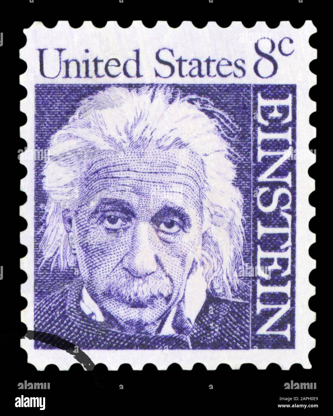 Vereinigte STAATEN VON AMERIKA - CIRCA 1965: Eine Briefmarke mit einem Porträt des berühmten Physikers Albert Einstein (1879-1955) zum Gedenken an das 10. Jahr si Stockfoto