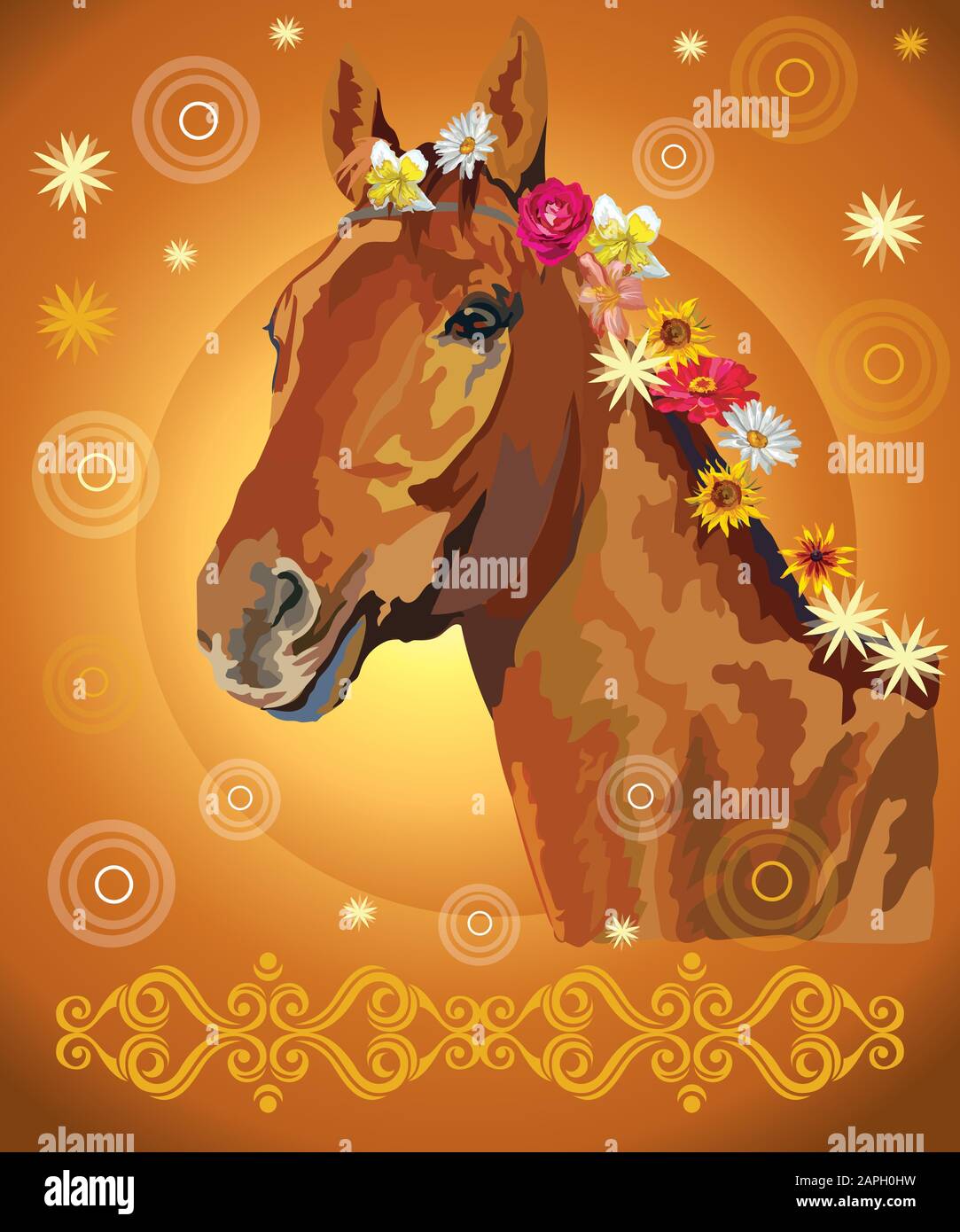 Сhestnut Pferd, Vektor bunt realistische Illustration. Pferdeportrait mit Blumen in Mähne isoliert auf orangefarbenem Gradientenhintergrund mit Schmuck an Stock Vektor