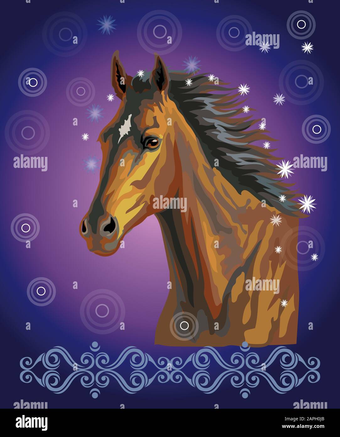 Bay Horse, Vektor bunt realistische Illustration. Porträt des Laufbuchtpferdes mit Sternen in langer Mähne isoliert auf dunkelblauem Gradientenhintergrund mit Witz Stock Vektor