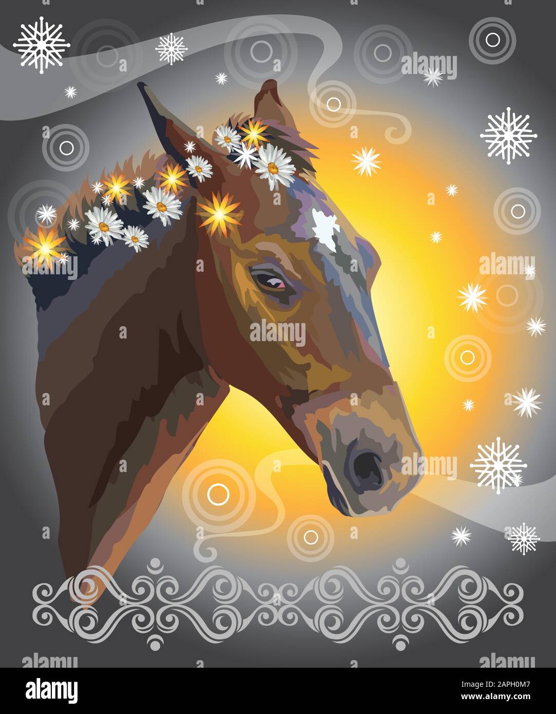 Braunes Pferd, Vektor bunt realistische Illustration. Pferdeportrait mit Blumen in Mähne isoliert auf orangefarbenem und grauem Gradientenhintergrund mit Schnee Stock Vektor