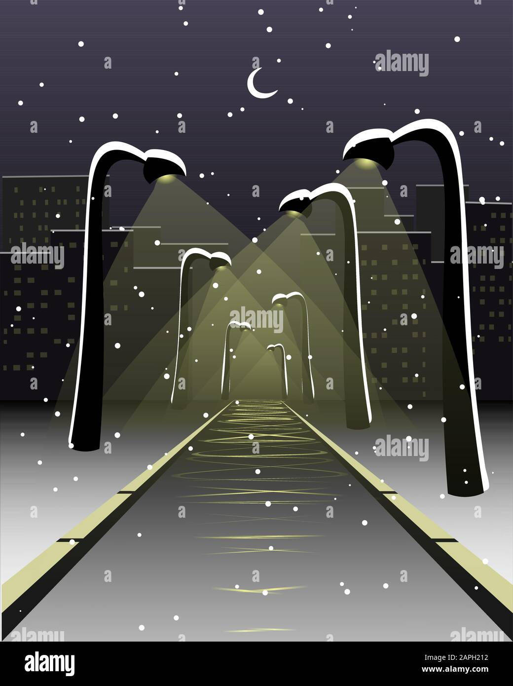 Nachtstadtstraße mit Laternen, leerer Eisstraße und fallendem Schnee Stock Vektor