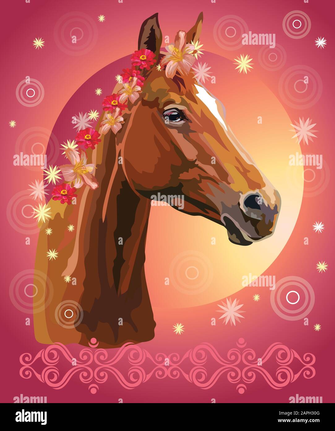 Сhestnut Pferd, Vektor bunt realistische Illustration. Portrait von Pferd mit Blumen in Mähne isoliert auf rosa Gradientenhintergrund mit Schmuck und Stock Vektor