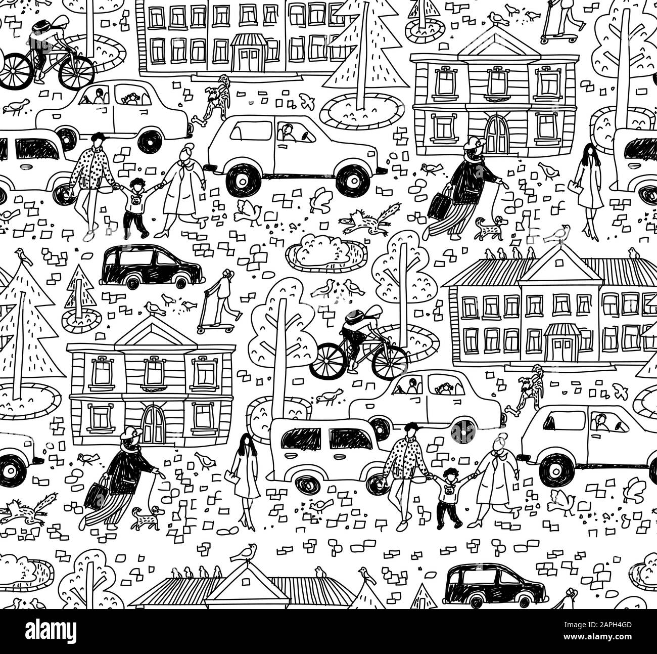Doodles Straße in sity Menschen Autos Häuser nahtlos patern schwarz Und weiß Stock Vektor