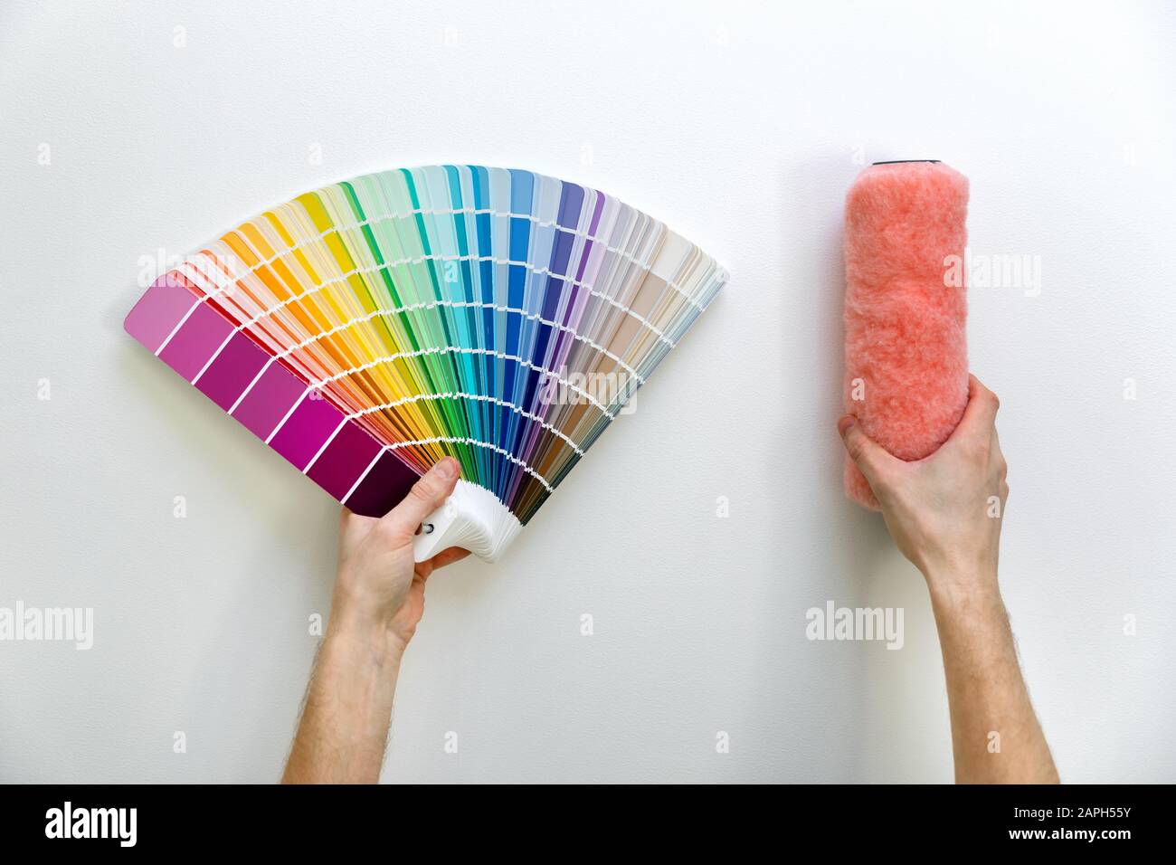 Farbmuster und Farbe rollen in den Händen auf weißem Wandhintergrund Stockfoto