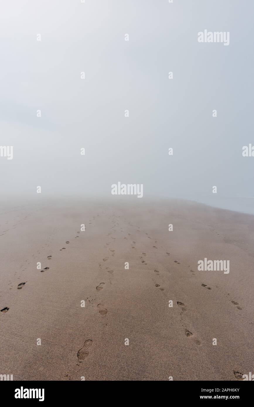 Meeresstrand in dichtem Nebel mit Fußabdrücken auf Sand, der nirgendwo hinführt Stockfoto