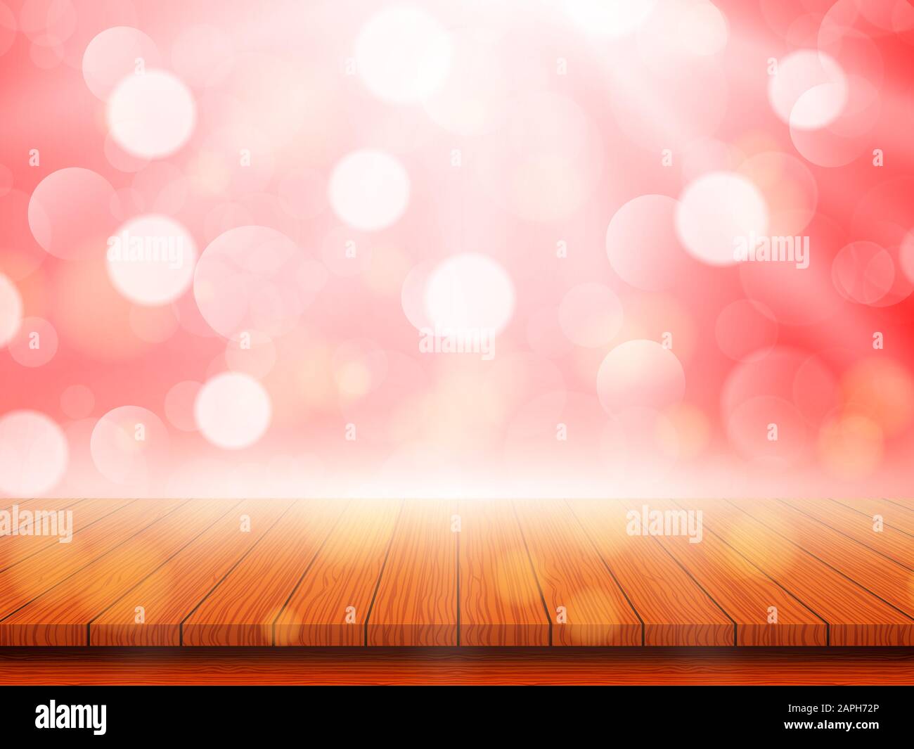 Leerer Holztisch auf verschwommenem rosa Hintergrund mit Bokeh. Vektorgrafiken Stock Vektor