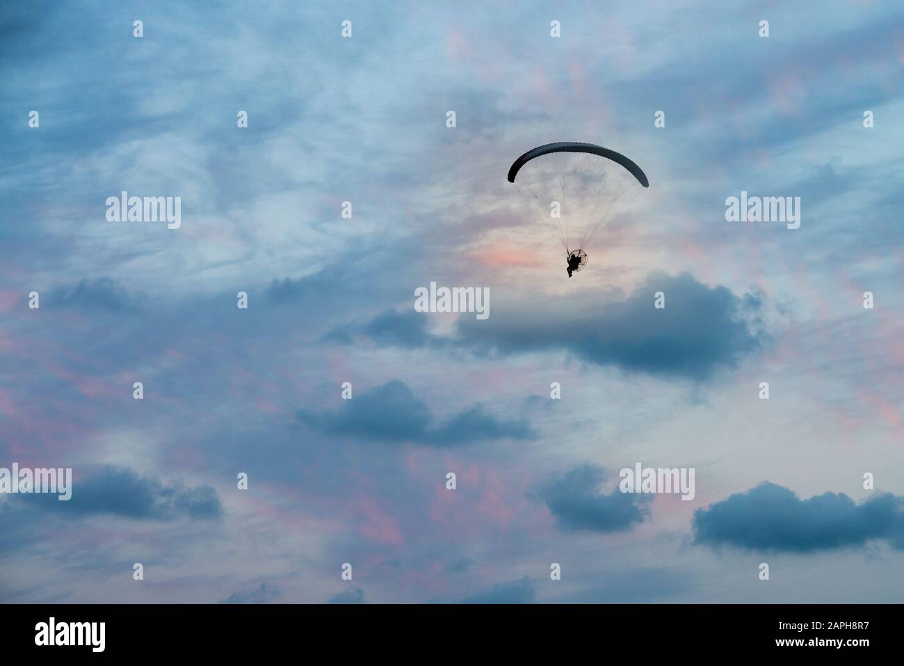 Paramotorflug in horizontalem Himmel bei Sonnenuntergang Stockfoto