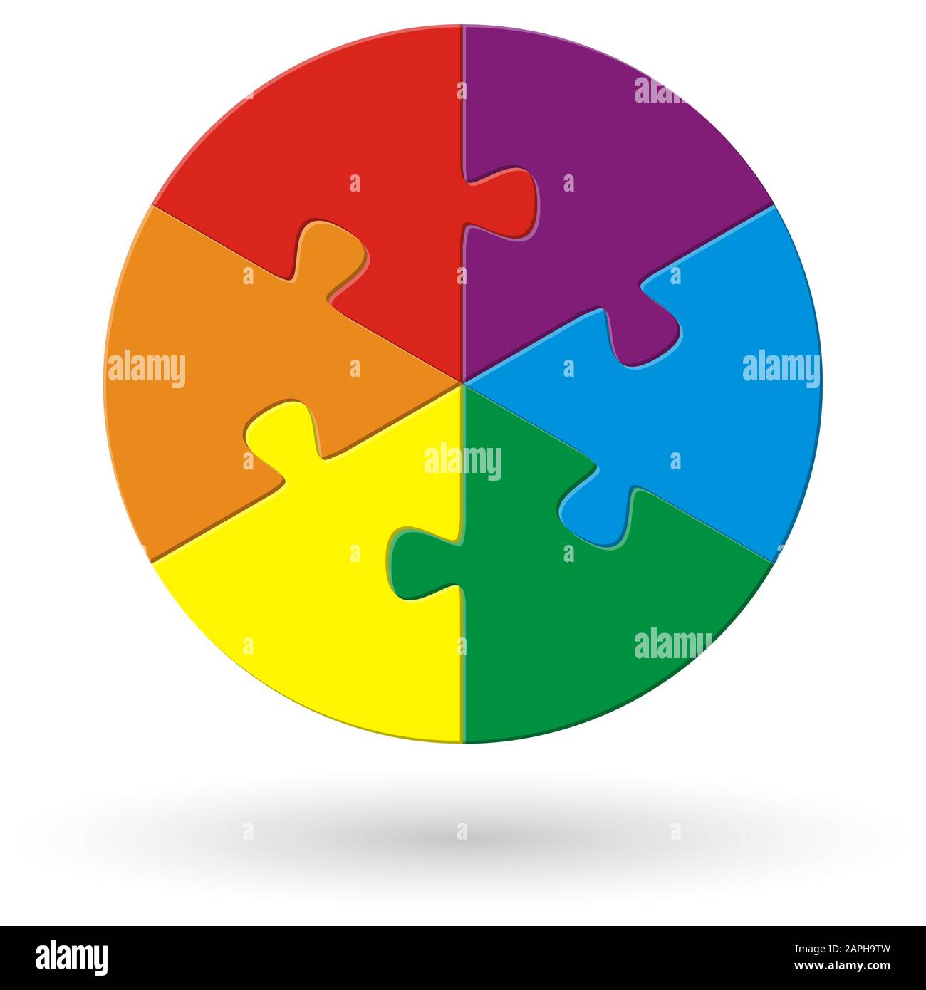 Rundes Puzzle mit sechs Optionen in verschiedenen Farben Stock Vektor