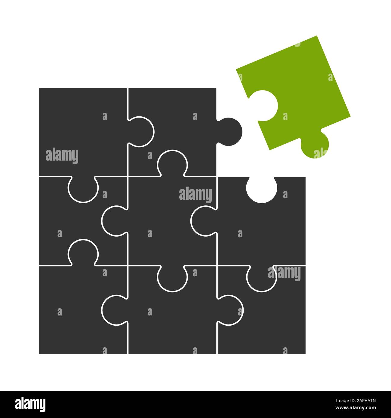 Schwarzes Puzzle mit einem grünen Teil, der passt Stock Vektor