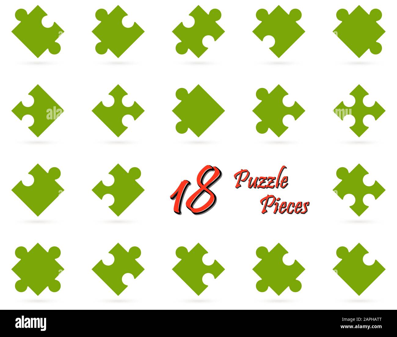 Sammlung aller 18 Puzzleteile in grüner Farbe Stock Vektor
