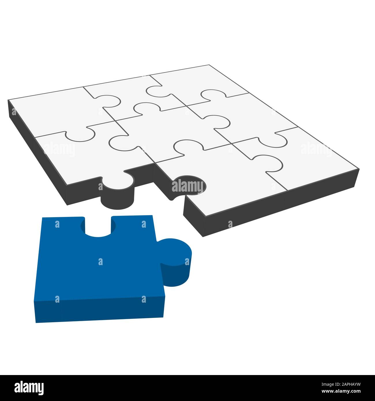 Graues dreidimensionales Puzzle mit einem blauen Teil, der passt Stock Vektor