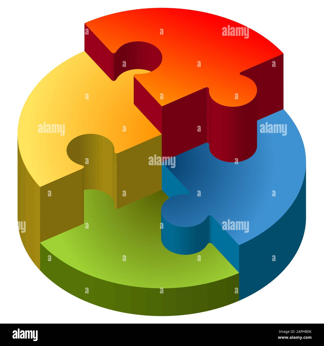 Rundes Puzzle-Diagramm in vier Farben isoliert auf weißem Hintergrund Stock Vektor